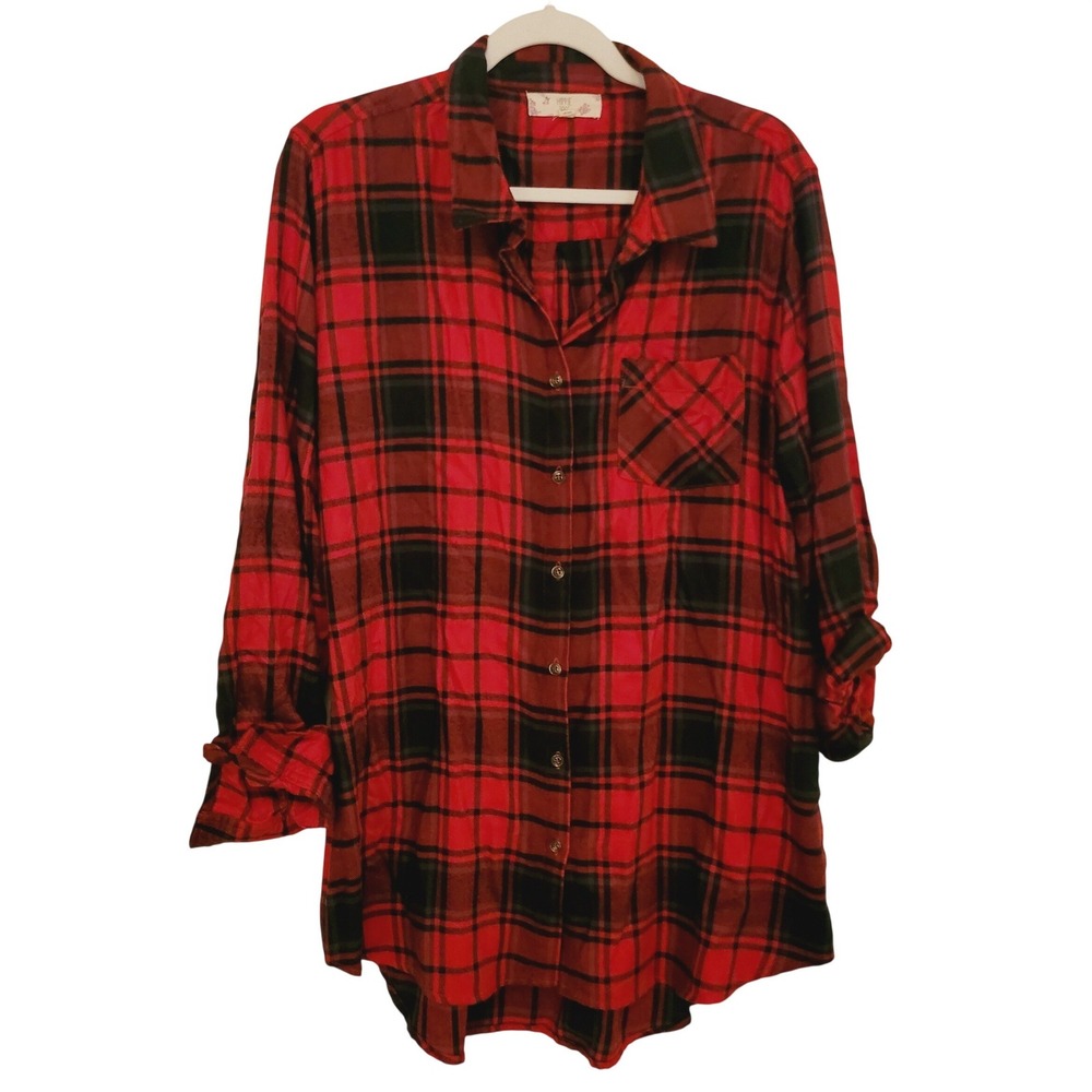 Hippie Rose Red Black Plaid Flannel Button Up Shirt Tunic Top XL Oversize Winter